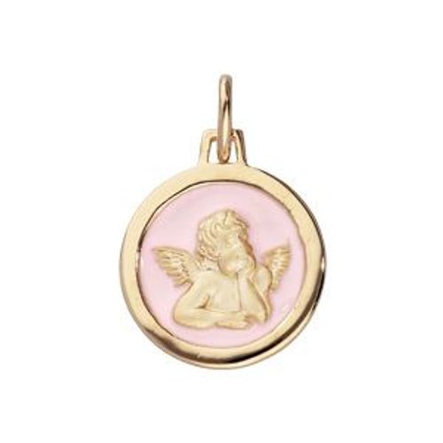Pendentif Plaqué Or Ovale Ange Sur Fond Résine Rose Pale