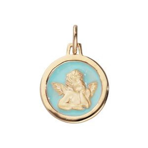 Pendentif Plaqué Or Ovale Ange Sur Fond Résine Bleu Ciel