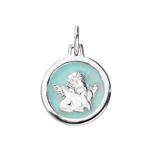 Pendentif Argent Rhodié Ovale Ange Sur Fond Résinr Bleu Ciel