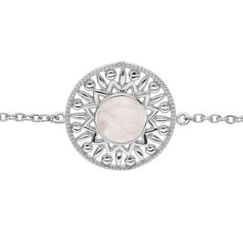 Bracelet Argent Rhodié Ethnique Cabochon Quartz Rose Véritable 16+2cm