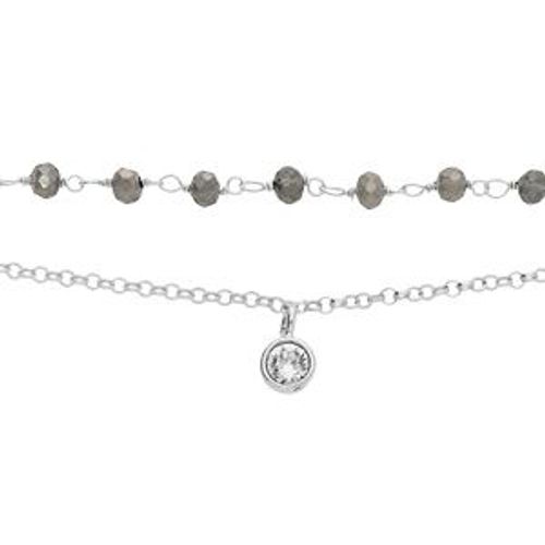 Bracelet Argent Rhodié Double Rang Pierres Facetées Grises Et Pampille Oxyde Blanc Serti 15+3cm