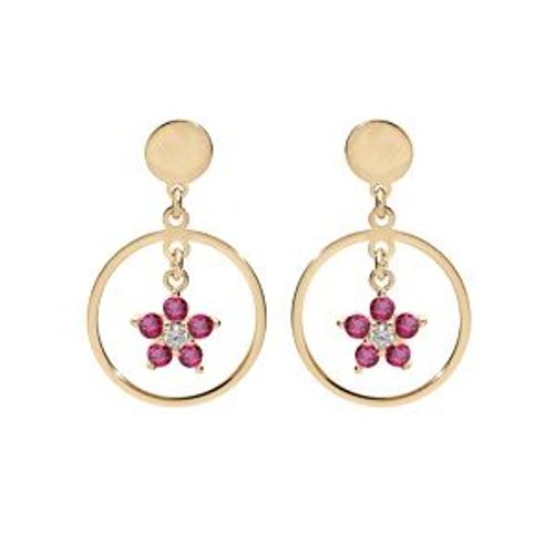 Boucles D'oreilles Tige Argent Et Dorure Jaune Fleur Oxydes Rouge