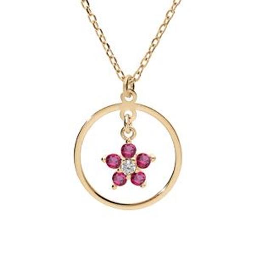 Collier Argent Et Dorure Jaune Fleur Oxydes Rouge 40+5cm