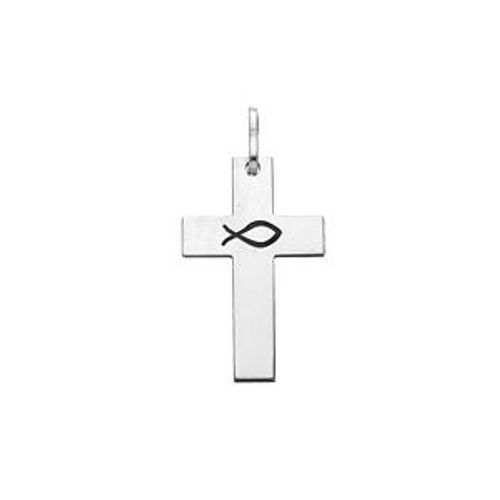 Pendentif Argent Rhodié Croix Gravure Ichthus (Poisson)