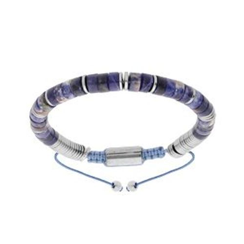 Bracelet Acier Pierres Sodalite Véritable Coulissant Cordon Bleu