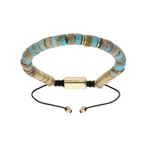 Bracelet Acier Et Pvd Jaune Pierres Jaspe Bleu Véritable Coulissant Cordon Noir