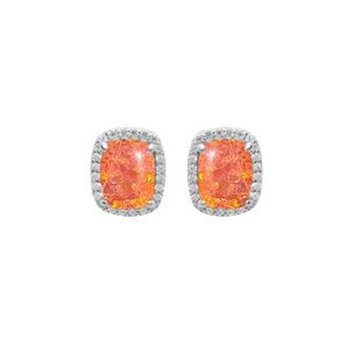 Boucles D'oreilles Tige Argent Rhodié Carré Opale Orange Imitation Et Oxydes Blancs Sertis