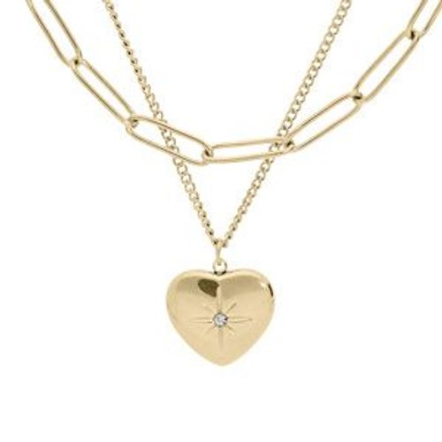 Collier Acier Et Pvd Jaune Double Rang Avec Pendentif Coeur 39+5cm