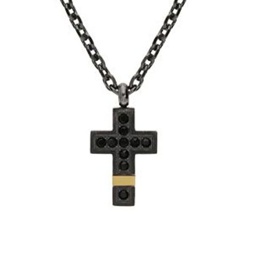 Collier Acier Et Pvd Noir Et Jaune Pendentif Petite Croix Avec Oxydes Noirs 50+5cm