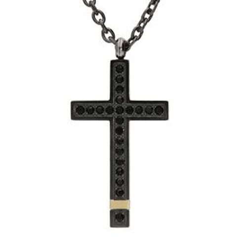 Collier Acier Et Pvd Noir Et Jaune Pendentif Grande Croix Avec Oxydes Noirs 50+5cm