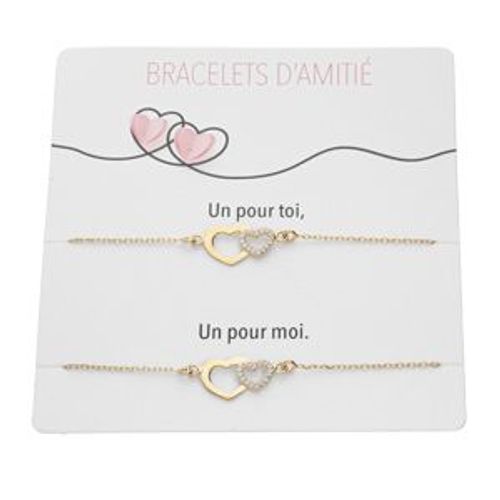 Plaquette De 2 Bracelets D' Amitié Argent Et Dorure Jaune Double Coeurs Et Oxydes Blancs Sertis 15+3cm