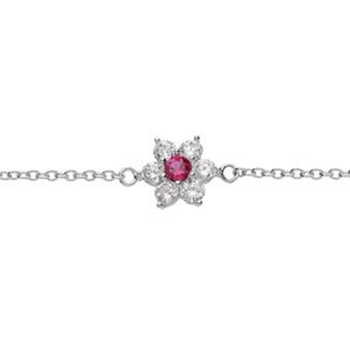 Bracelet Argent Rhodié Pendentif Marguerite Oxydes Centre Rouge Foncé Et Contour Blancs Sertis 16.5+2cm
