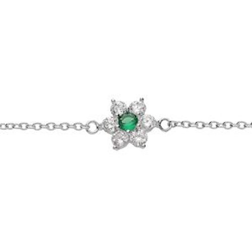Bracelet Argent Rhodié Pendentif Marguerite Oxydes Vert Sertis 16.5+2cm