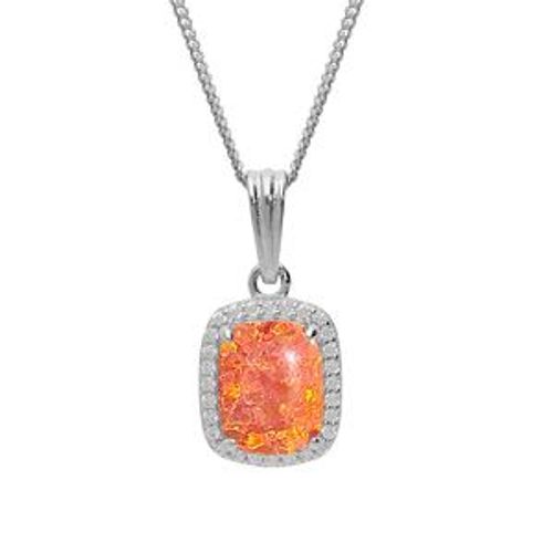Collier Argent Rhodié Pendentif Carré Opale Orange Imitation Et Oxydes Blancs Sertis 42+3cm
