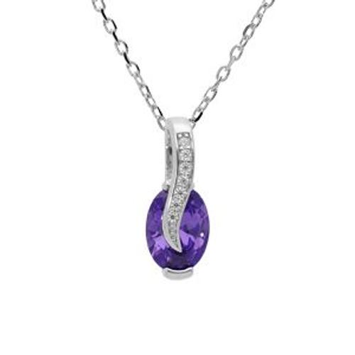 Collier Argent Rhodié Pendentif Oxydes Violet Et Blancs Sertis 42+3cm