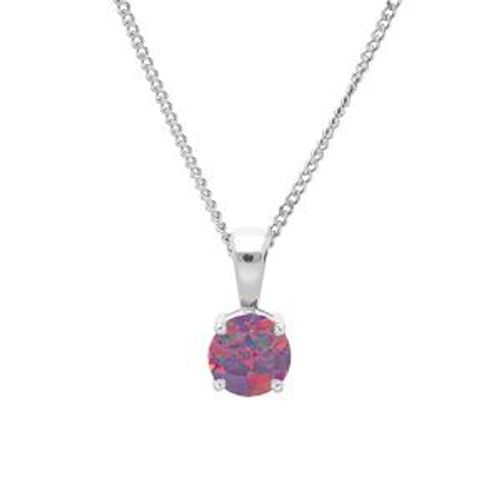 Collier Argent Rhodié Pendentif Rond Opale Violet Imitation 5m Serti 4 Griffes 42+3cm