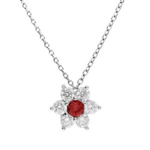 Collier Argent Rhodié Pendentif Marguerite Oxydes Centre Rouge Foncé Et Contour Blancs Sertis 40+5cm