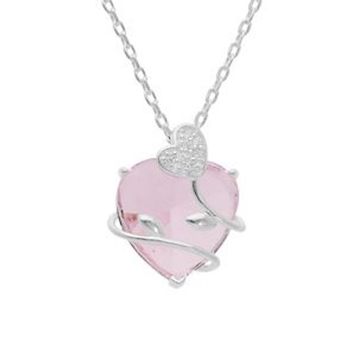 Collier Argent Platiné Pendentif Coeur Oxyde Rose Avec Volute 42+3cm