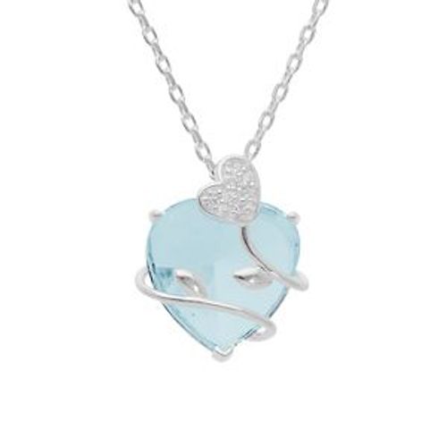 Collier Argent Platiné Pendentif Coeur Oxyde Bleu Ciel Avec Volute 42+3cm