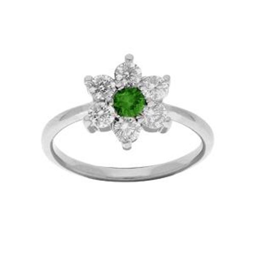 Bague Argent Rhodié Marguerite Oxydes Centre Vert Et Contour Blancs Sertis
