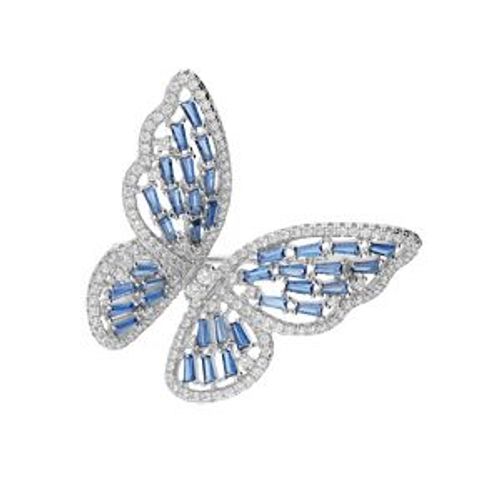 Broche Argent Rhodié Papillon Oxydes Bleus Et Blancs Sertis