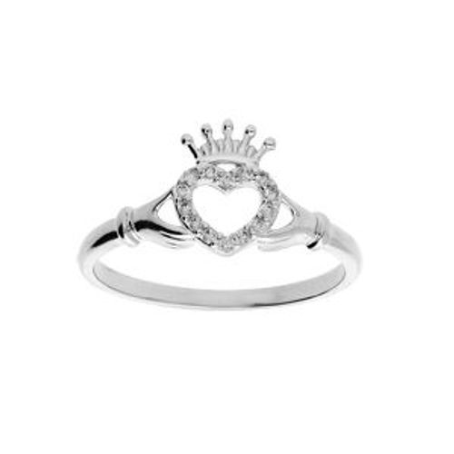 Bague Argent Rhodié Claddagh Irlande (Amitié, Amour, Loyauté) Avec Oxydes Blancs Sertis