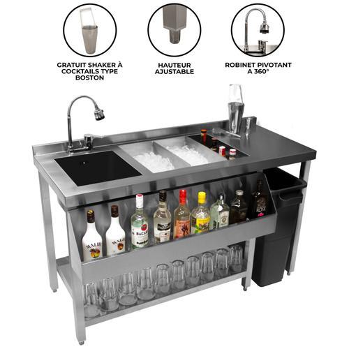 Station Bar À Cocktail Acier Inoxydable 135 Cm X 69cm Bac À Glaçons 67 L Adaptable [Jet, Robinet, Shaker & Bac Gn 1/9 Inclus] Bar Restaurant Horeca Café Aménagement Meuble Evier Poste De Travail