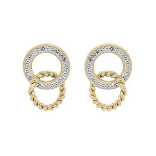 Boucles D'oreilles Tige Acier Et Pvd Jaune Double 1 Anneau Oxydes Blancs Sertis Et 1 Torsadé Entremélés