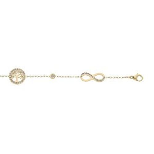 Bracelet Acier Et Pvd Jaune Avec Infini Et Arbre De Vie Et Oxydes Blancs Sertis 16+3cm