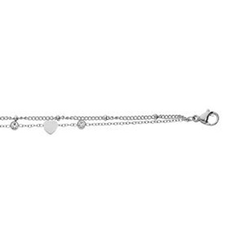 Bracelet Acier Double Multi Coeurs Lisses Et Oxydes Blancs Sertis 16+3cm