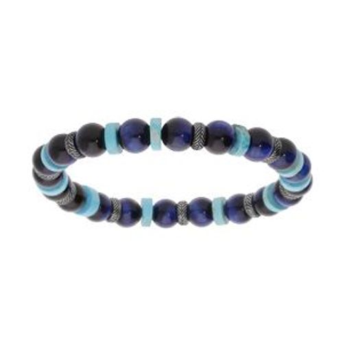 Bracelet Acier Extensible Boules Oeil De Tigre Bleu Et Rondelles Howlite