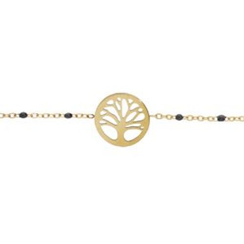 Bracelet Acier Et Pvd Jaune Résine Noire Avec Arbre De Vie 16+3cm