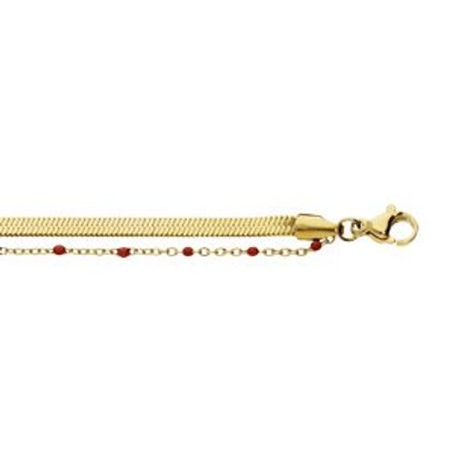 Bracelet Acier Et Pvd Jaune 2 Rangs Maille Plate Et Résine Rouge 15+3cm