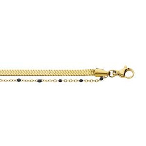 Bracelet Acier Et Pvd Jaune 2 Rangs Maille Plate Et Résine Noire 15+3cm