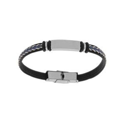 Bracelet Junior Acier Et Cuir Bovin Noir Cordon Bleu 16cm Réglable À Graver