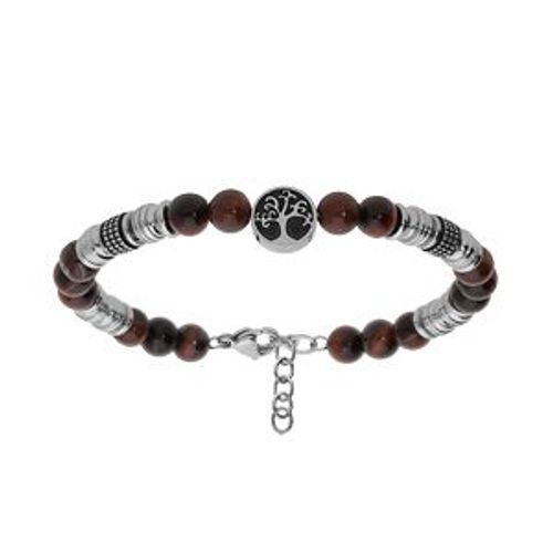 Bracelet Acier Boules Oeil De Tigre Rouge Véritable Avec Arbre De Vie 18+3cm