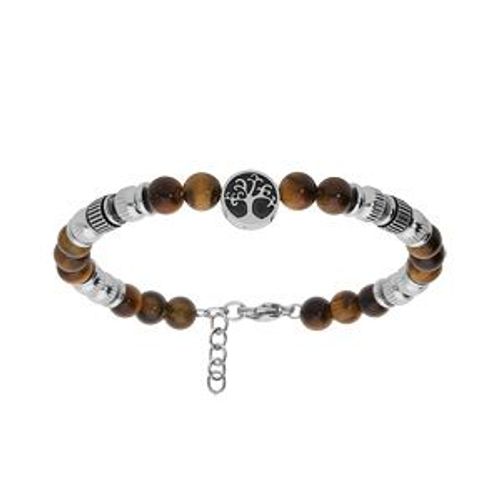 Bracelet Acier Boules Oeil De Tigre Marron Avec Arbre De Vie 18+3cm