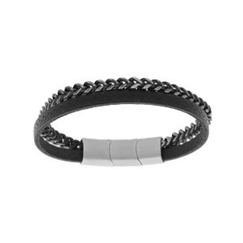 Bracelet Acier Cuir Bovin Noir Et Maille Gourmette Aspect Vieilli 20cm +1cm Double Fermoir