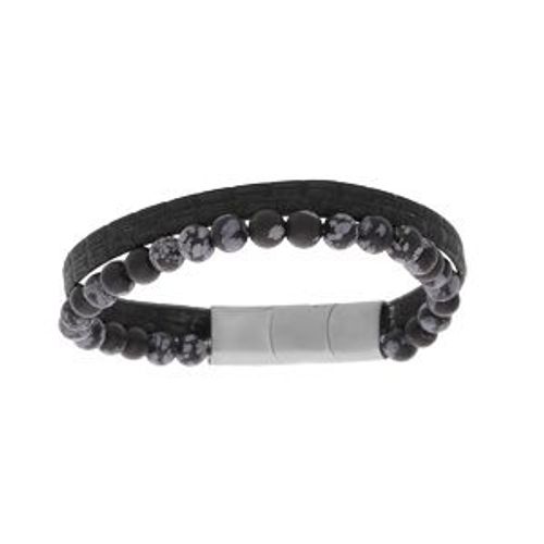 Bracelet Acier Cuir Bovin Noir Et Perles Onyx 6mm 19.5cm + 1cm Double Fermoir