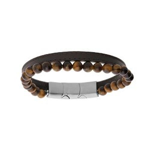 Bracelet Acier Cuir Bovin Marron Et Perles Oeil De Tigre 6mm 19.5cm + 1cm Double Fermoir