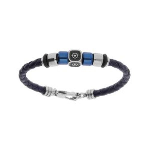 Bracelet Acier Et Cuir Tresse Bovin Noir Cube Motif Roue De Bateau Rondelles Pvd Bleu 14.5cm+2.5cm