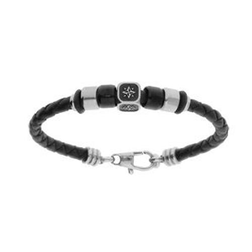 Bracelet Acier Et Cuir Tresse Bovin Noir Cube Motif Étoile Rondelles Pvd Noir 14.5cm+2.5cm