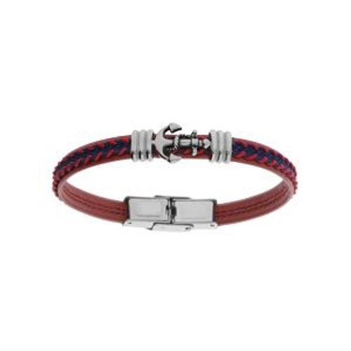 Bracelet Acier Junior Tissu Rouge Et Bleu Motif Ancre Marine 16.5cm Réglable