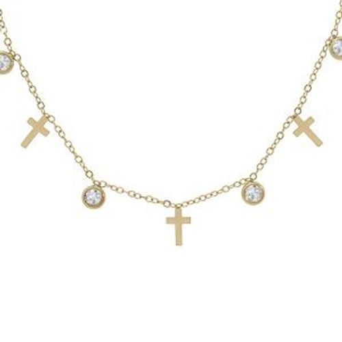 Collier Acier Et Pvd Jaune Avec Croix Et Oxydes Blancs Sertis 39+5cm