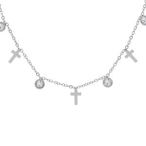 Collier Acier Avec Croix Et Oxydes Blancs Sertis 39+5cm