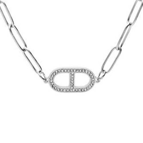 Collier Acier Mailles Rectangulaires Motif Oxydes Blancs Sertis 41+4cm