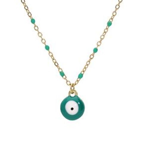 Collier Acier Et Pvd Jaune Résine Verte Avec Pendentif Oeil De La Chance 40+5cm
