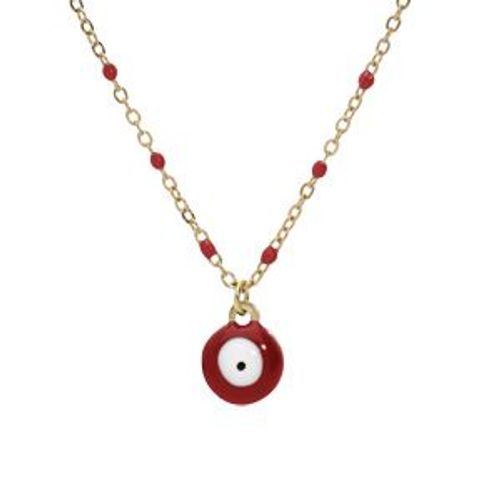 Collier Acier Et Pvd Jaune Résine Rouge Avec Pendentif Oeil De La Chance 40+5cm