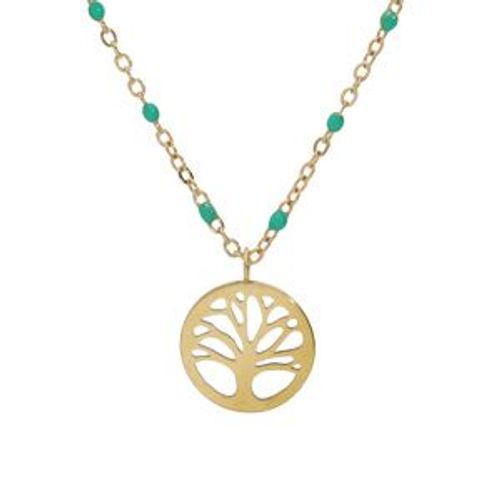Collier Acier Et Pvd Jaune Résine Turquoise Imitation Avec Arbre De Vie 40+5cm