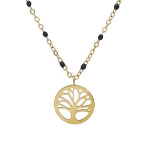 Collier Acier Et Pvd Jaune Résine Noire Avec Arbre De Vie 40+5cm